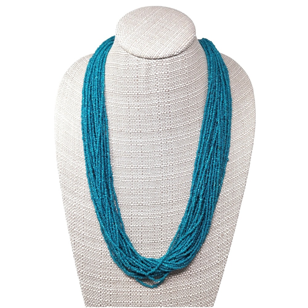 Multi Strand Seed Bead Statement Necklace 28" Teal‎ Turquoise Blue Layered Boho
